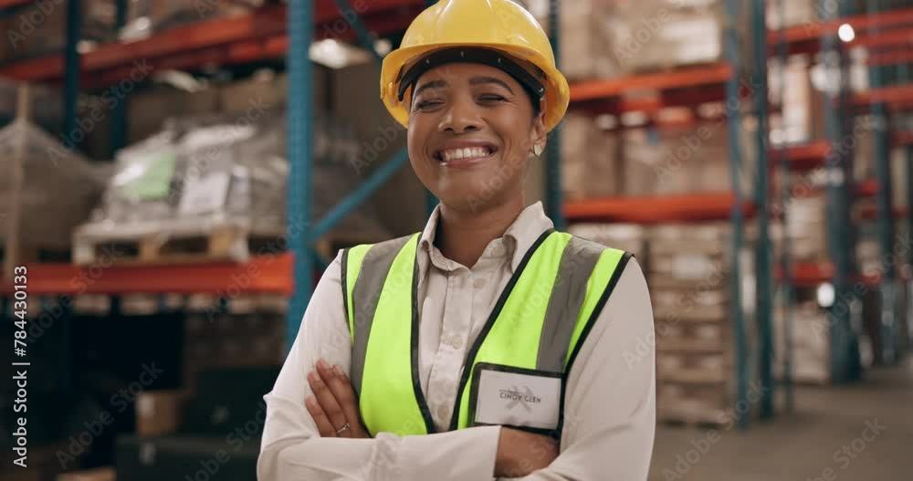 Sticker Distribution, warehouse and portrait of woman with confidence for inventory management, inspection and logistics. Smile, face and girl in factory for quality control, trust and pride in export safety