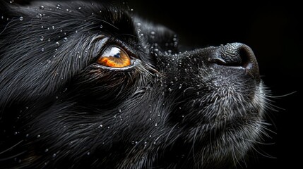   A tight shot of a black dog's expressive face, adorned with droplets of water clinging to its eyes and nostrils - obrazy, fototapety, plakaty