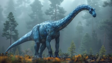   A blue dinosaur stands in a foggy forest, surrounded by trees and bushes in the background