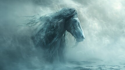   A horse with long mane submerged in foggy water, its head emerging
