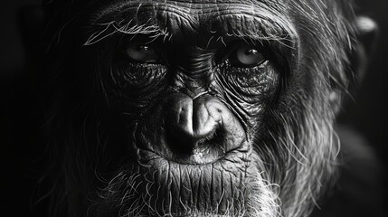   A monkey's face in black and white, with wrinkles around the eyes