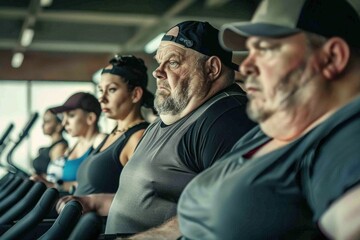 Group of people working out on treadmills in a modern gym or fitness center, exercising and staying fit together - obrazy, fototapety, plakaty