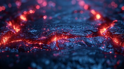   A tight shot of a red-blue textured surface, superimposed with a hazy depiction of incoming light from above - obrazy, fototapety, plakaty