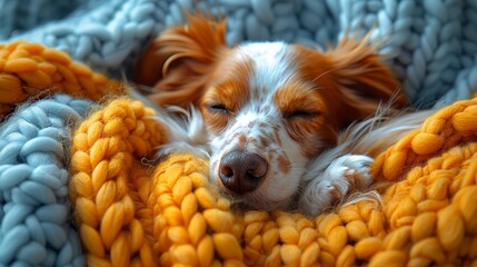   A brown-and-white dog lies atop a blue and yellow blanket on the bed