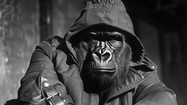   A monochrome image of a gorilla donning a hooded jacket while holding a gun in his right hand, gazing directly into the camera