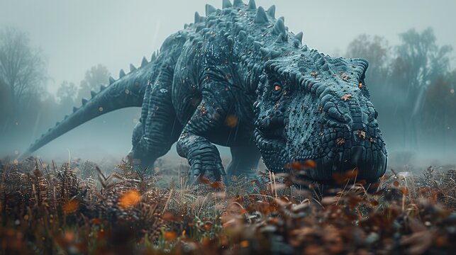   A tight shot of a dinosaur amidst a field of grasses Trees line the backdrop, and fog cloaks the sky above