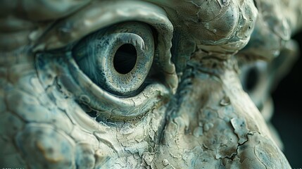   A tight shot of an elephant statue's face reveals a circular hollow within its eye - obrazy, fototapety, plakaty