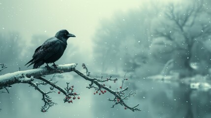   A black bird perches on a tree branch, laden with berries Behind it, a tranquil body of water stretches out