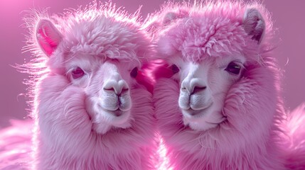 Fototapeta premium Two llamas, facing front, stand beside each other against a pink backdrop One faces the camera