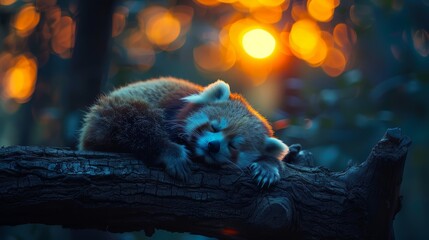   A raccoon naps on a tree branch as the sun filters through leaves, backdrop adorned with twinkling string lights - obrazy, fototapety, plakaty