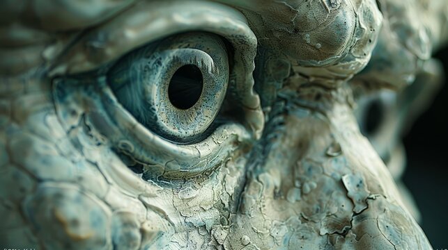   A tight shot of an elephant statue's face reveals a circular hollow within its eye