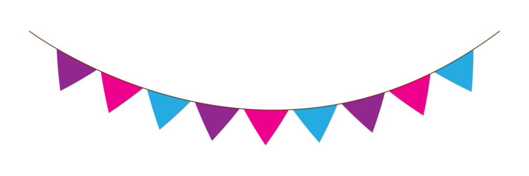 Flag garland. Repeating party bunting pattern. Triangle celebration flags chain. White, blue, red pennants decoration. Vector footer and banner. Used in web , templates . Isolated on white background.