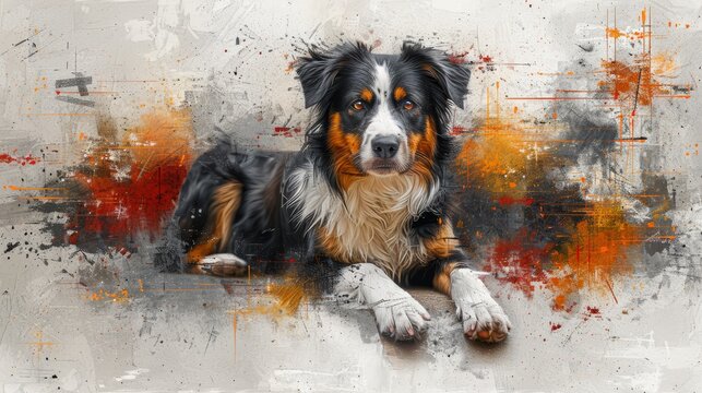   A painting of a dog lying on the ground, its face splattered with orange and black paint