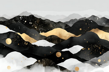 Abstract Mountain Layers, Black, Gold, and White, Minimalist Art - obrazy, fototapety, plakaty