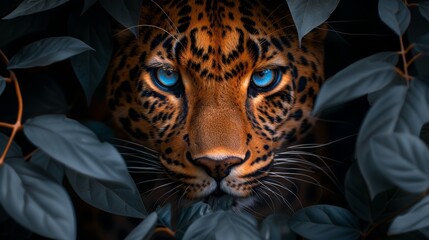   A tight shot of a leopard's face, its blue eyes gazing intently, encircled by green foliage around its neck - obrazy, fototapety, plakaty