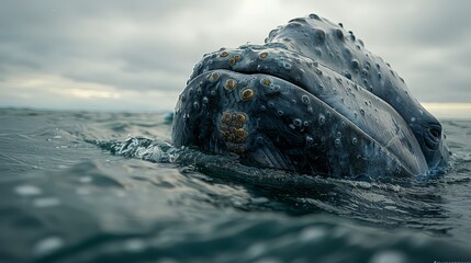   A humpback whale swims in the ocean, its head emerging above the water's surface - obrazy, fototapety, plakaty