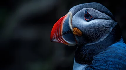 Foto op Canvas   A tight shot of a bird with a red beak and a blue body against a black backdrop © Jevjenijs