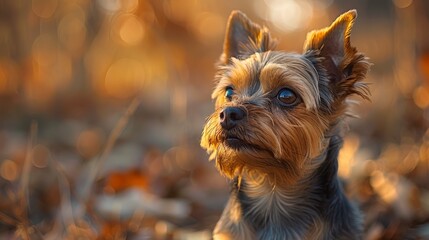   A tight shot of a small dog with piercing blue eyes against a softly blurred backdrop of autumn leaves