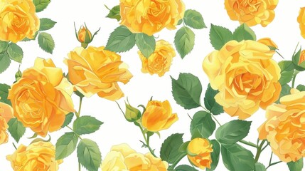 Beautiful Seamless Pattern of Yellow Roses on White Background for Floral Design and Textile Printing