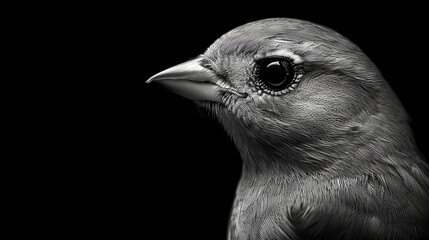   A black-and-white image of a bird against a black backdrop, its gaze fixed straight ahead, revealing an intensely focused eye - obrazy, fototapety, plakaty