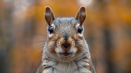   A tight shot of a squirrel's face against blurred trees in the foreground