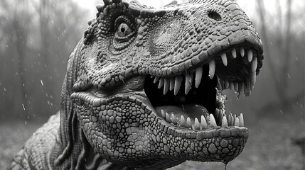   A black-and-white image of a dinosaur with an open mouth - obrazy, fototapety, plakaty