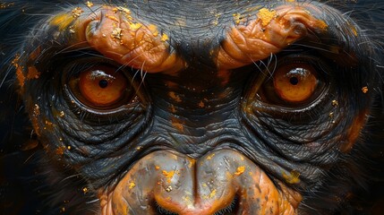   A tight shot of a monkey's face, smeared with orange paint from forehead to chin, covering its eyes and nose