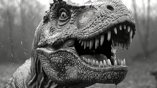   A black-and-white image of a dinosaur with an open mouth
