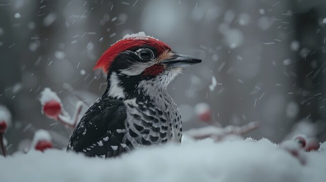   A red-bellied woodpecker stands amidst snowflakes in the winter landscape