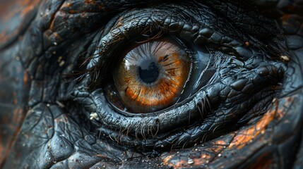   A tight shot of an animal's eye displaying numerous wrinkles around its periphery - obrazy, fototapety, plakaty