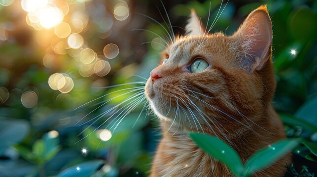   A cat's face, in tight focus, surrounded by a softly blurred backdrop of trees and leaves