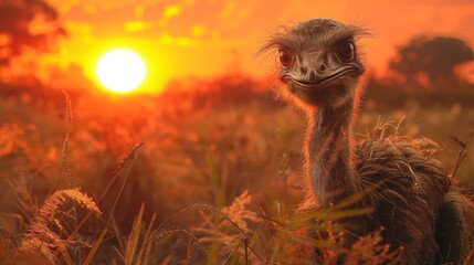   A tight shot of an ostrich in a lush grassy expanse, sun distant and low behind - obrazy, fototapety, plakaty