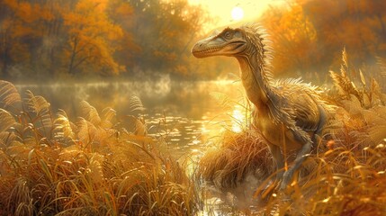 Naklejka premium In a field of tall grass, a dinosaur stands near a body of water Background comprises trees
