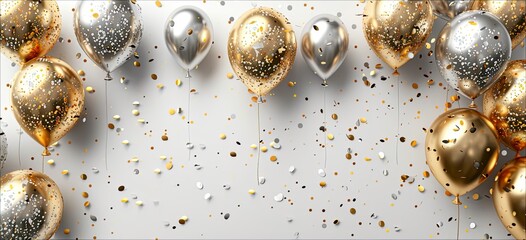 White Background with Golden and Silver Balloons, Fireworks in the Air, White Space on All Sides, 3D Rendering, High Resolution, High Quality, High Definition in the Style of Various Artists.