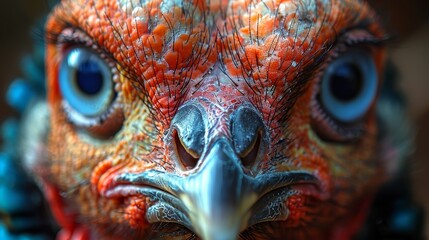   A tight shot of a bird's face, showcasing vivid blue eyes and a vibrant orange-red beak - obrazy, fototapety, plakaty