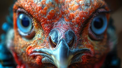 Foto op Canvas   A tight shot of a bird's face, showcasing vivid blue eyes and a vibrant orange-red beak © Jevjenijs