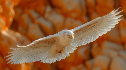   A close-up of a white bird flying in the air with spread wings against an orange background