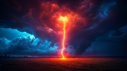   A red-blue sky with a central lightning bolt above a field
