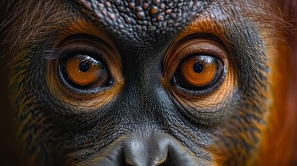   A tight shot of a monkey's visage bearing orange and black markings around the face and eyes - obrazy, fototapety, plakaty