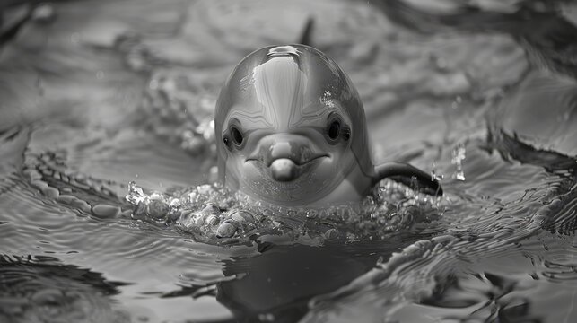   A black-and-white image of a baby seal in water, head raised above the surface