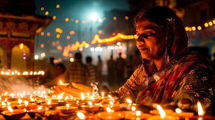 The magical atmosphere of Diwali, with families lighting candles and fireworks, illuminating the...