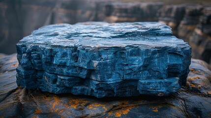   A blue rock sits atop a rock, its surface contrasting with the covering of lichen and yellow moss - obrazy, fototapety, plakaty