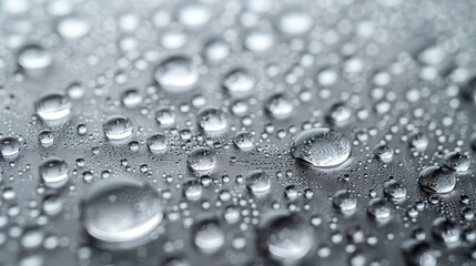   A tight shot of water droplets on a black background, reflecting their images in the minor surface light