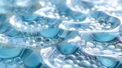   A tight shot of water bubbles on the surface of clear and blue water Bubbles populate the surface, creating a captivating display