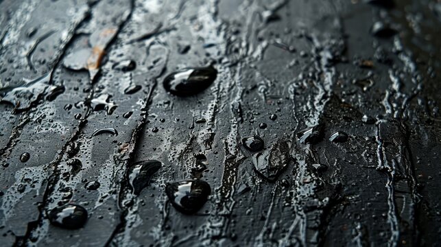   A tight shot of water droplets on weathered wood against a black backdrop, with extra droplets on the surface