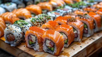   A tight shot of sushi on a wooden platter, surrounded by more sushi on an adjacent wooden tray - obrazy, fototapety, plakaty