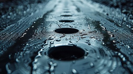   A tight shot of water droplets on a sink's surface, with a running drain down its center