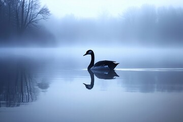 A black swan gracefully glides on the surface of a tranquil lake