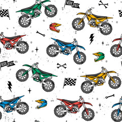 Vector motocross seamless pattern. Dirt bike cartoon repeat pattern. © cddesign.co