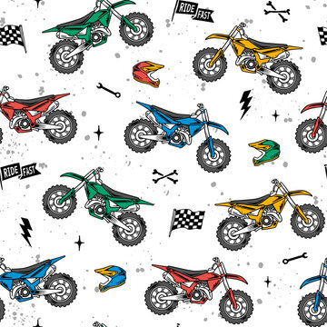 Fototapeta Vector motocross seamless pattern. Dirt bike cartoon repeat pattern.